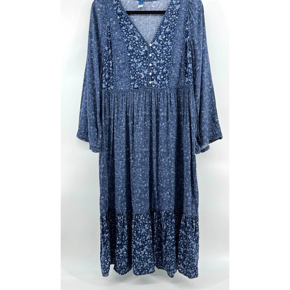 Old Navy Blue Floral Midi Dress Size S Tiered Boho CottageCore Peasant